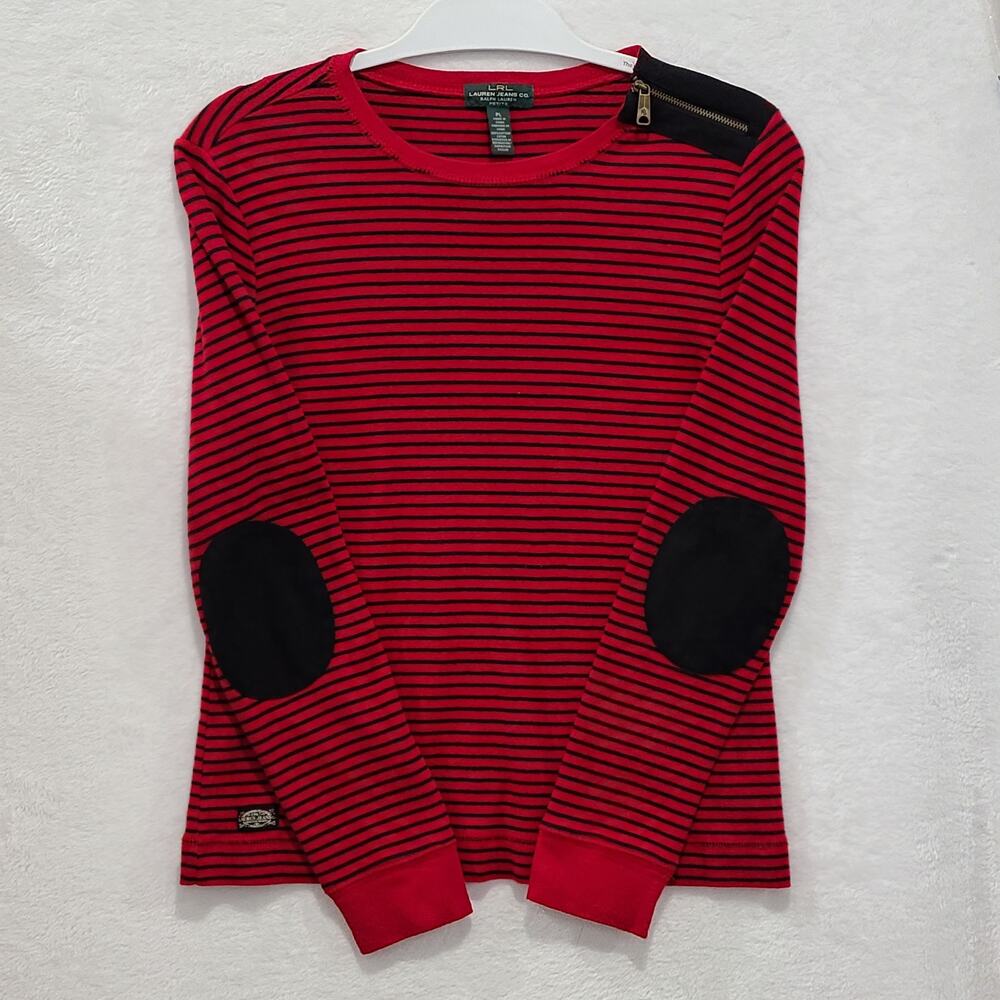 LRL Lauren Jeans Co PL Cotton Pullover Shoulder Zip Elbow Patch Red Black